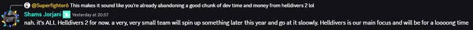 Shams Jorjani talking about Arrowhead's future plans on the Helldivers 2 Discord server.